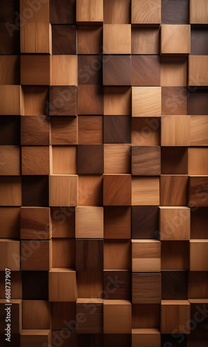 A wooden wall panel features a grid of rectangular blocks in varying woods, creating a textured decorative pattern