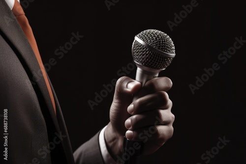 Man hands holding microphone on stand with black background