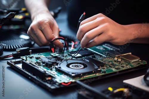 Technician repairing laptop computer closeup