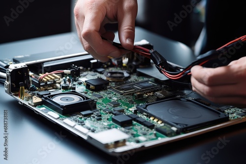 Technician repairing laptop computer closeup