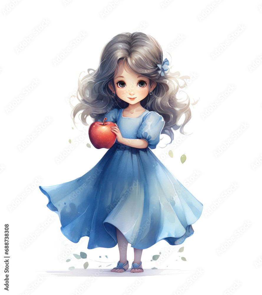 illustration of a bunny in blue dress with an apple, illustration of a bunny in blue dress with an apple,