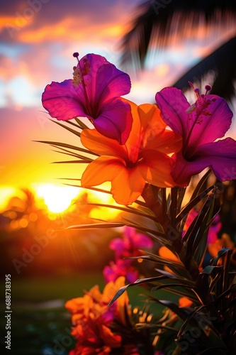 A beautiful sunset by a flower lined coast.