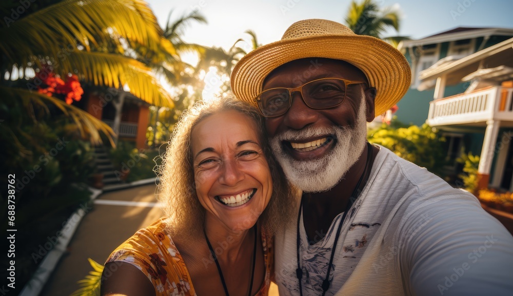 Happy mixed couple wearing s taking a selfie on an island resort