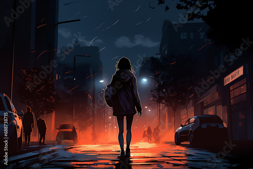 illustration of a woman walking at night with fear 
