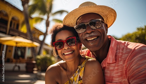 Happy mixed couple wearing s taking a selfie on an island resort
