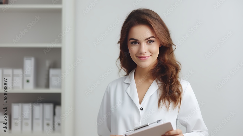 A young female pharmacist holding medication and a clipboard against a white background. A young female pharmacist holding medication and a clipboard against a white background.