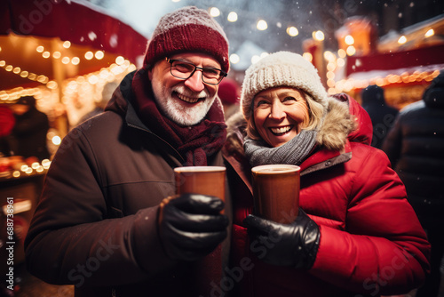 Happy senior couple smiling and drink hot beverage, mulled wine or coffee. Christmas holiday weekend.
