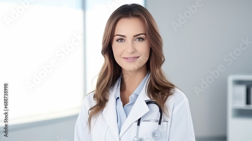 A young female pharmacist holding medication and a clipboard against a white background.