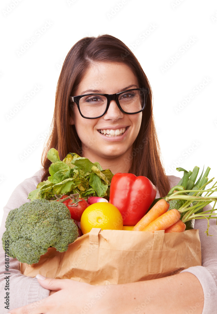 Portrait, vegetables and woman with nutrition, wellness and girl isolated on white studio background. Face, person and model with healthy food, glasses and diet plan with mockup space, happy or vegan Portrait, vegetables and woman with nutrition, wellness and girl isolated on white studio background. Face, person and model with healthy food, glasses and diet plan with mockup space, happy or vegan