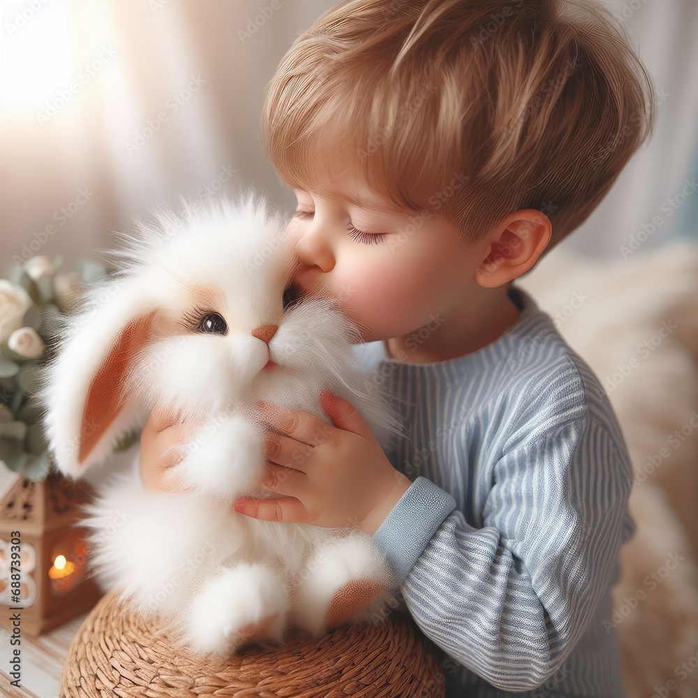 Adorable little child boy playing with a funny real bunny in a white sunny room Adorable little child boy playing with a funny real bunny in a white sunny room