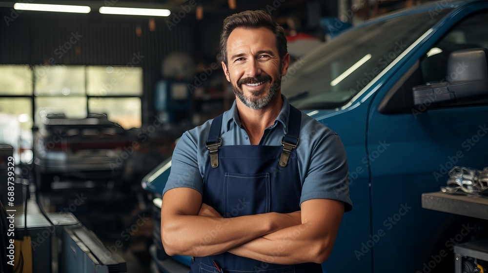 A young mechanic who is hispanic is wearing overalls and smiling, while his arms are crossed. A young mechanic who is hispanic is wearing overalls and smiling, while his arms are crossed.