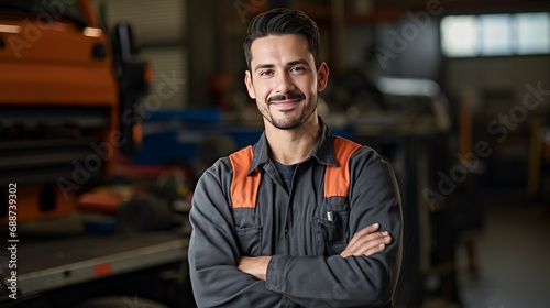 A young mechanic who is hispanic is wearing overalls and smiling, while his arms are crossed.
