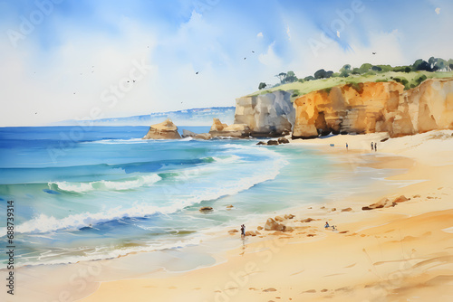 Beach in Algarve, Portugal. Watercolor illustration of beach with rocks. photo