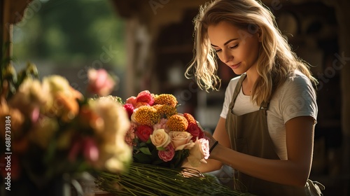A young woman is sorting flowers in her florist shop