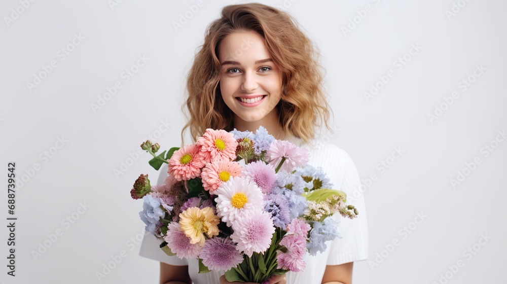 I am creating a gift for a young, beautiful florist with a colorful fresh bouquet isolated on a white studio background. the caucasian woman works in the field of art, modern work, and I am creating a gift for a young, beautiful florist with a colorful fresh bouquet isolated on a white studio background. the caucasian woman works in the field of art, modern work, and