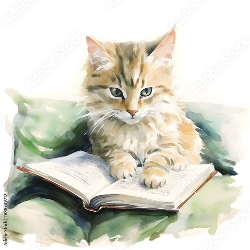 Cat reading a book. Watercolor illustration.