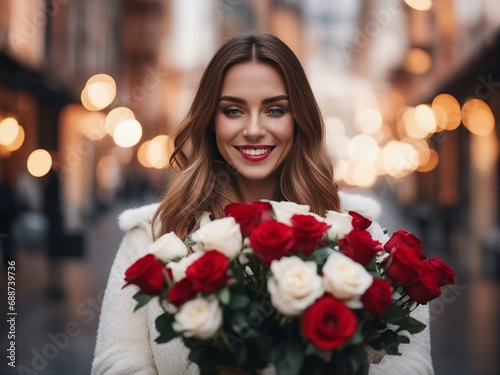 a beautiful young smiling white caucasian woman receiving a roses bouquet for the valentine's day on
