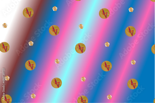 Multiple digital symbols in gold on a rainbow backdrop