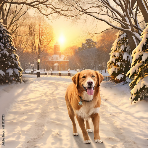 A cheerful dog outside a  walk in the morning in the park arches merry Christmas and happy new year greeting card. Ai generative