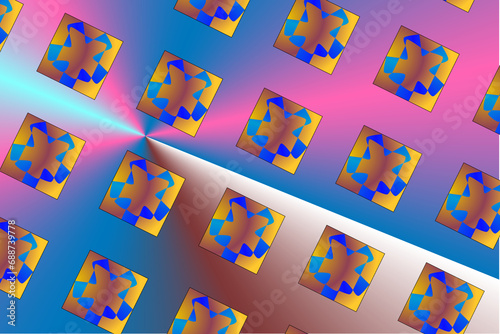 Golden square holding a blue digital symbol on a metallic colored backdrop