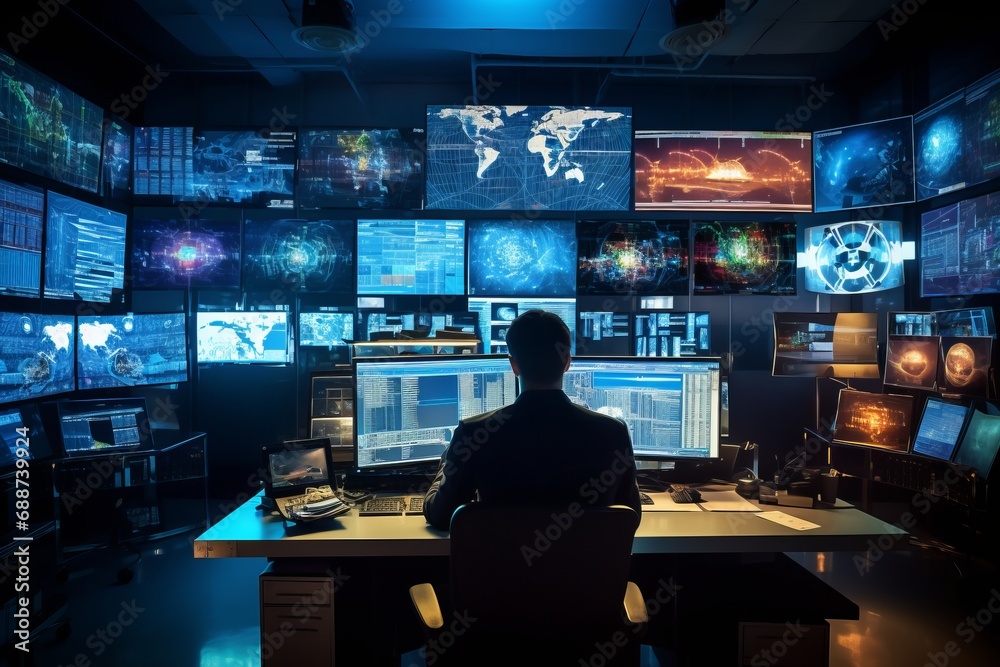 A control room with multiple computer screens displaying security feeds and a sole operator. A control room with multiple computer screens displaying security feeds and a sole operator.