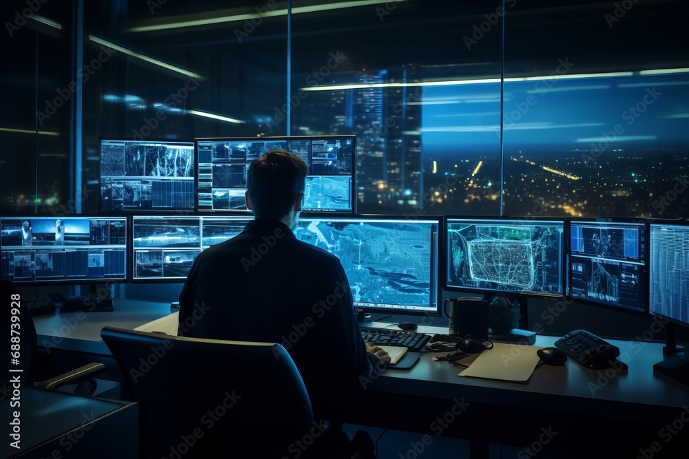 A control room with multiple computer screens displaying security feeds and a sole operator. A control room with multiple computer screens displaying security feeds and a sole operator.