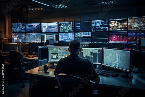 A control room with multiple computer screens displaying security feeds and a sole operator. photo