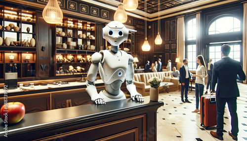 Humanoid robot working as a receptionist in a hotel lobby photo