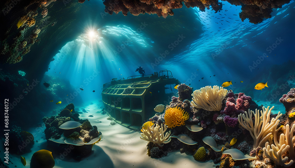 An ancient shipwreck is explored by a diver at the bottom of the sea, an underwater journey among the Great Barrier Reef; around tropical fish, bright corals - obrazy, fototapety, plakaty 