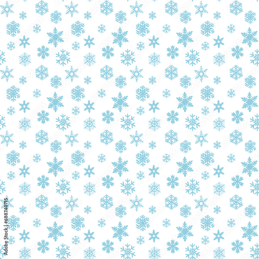 Winter seamless pattern with flat snowflakes on white background. Hand drawn blue snowflakes in silhouette. Trendy print design for textile, wallpaper, interior decoration