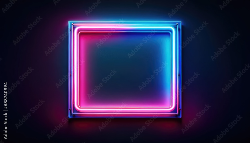 Neon sign frame glowing with bright blue and vivid pink lights. The rectangular design transitions smoothly from blue to pink, set against a dark backdrop. Neon sign frame glowing with bright blue and vivid pink lights. The rectangular design transitions smoothly from blue to pink, set against a dark backdrop.