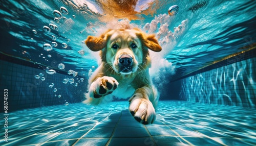 A playful golden retriever dog swims underwater, directly towards the viewer. 