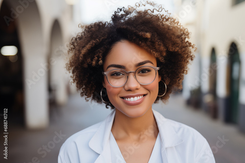 Portrait of a young woman doctor, closeup of a smiling Afro American physician wearing medical coat 