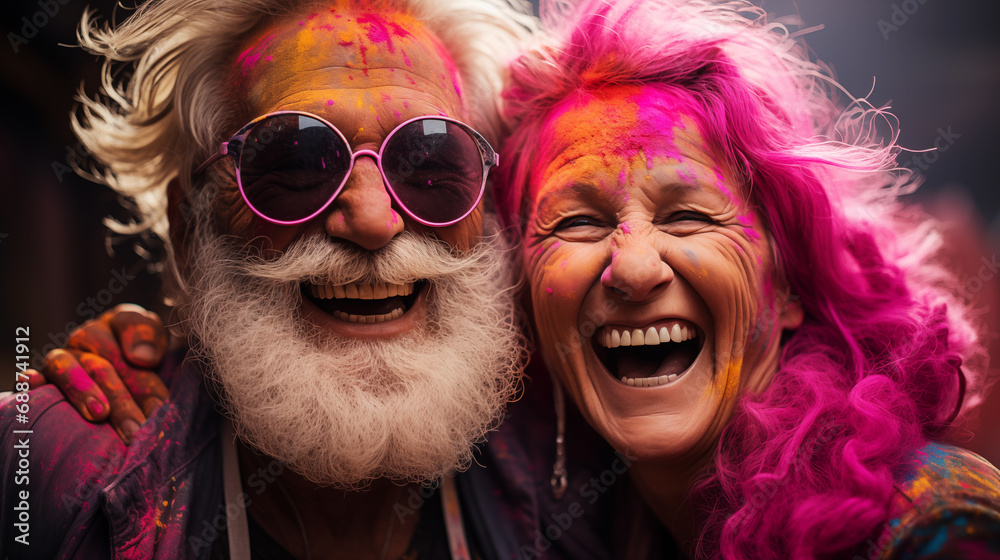 Happy, laughing senior couple celebrating Holi in India. Active age concept Happy, laughing senior couple celebrating Holi in India. Active age concept