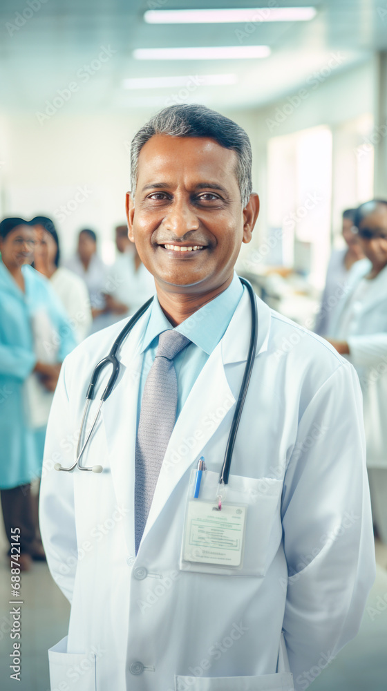 Senior indian male doctor standing at hospital