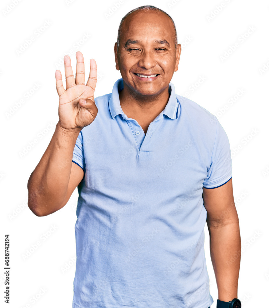 Hispanic middle age man wearing casual t shirt showing and pointing up with fingers number four while smiling confident and happy. Hispanic middle age man wearing casual t shirt showing and pointing up with fingers number four while smiling confident and happy.