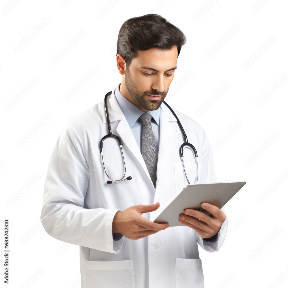 Young male doctor watching medical report on digital tablets Young male doctor watching medical report on digital tablets