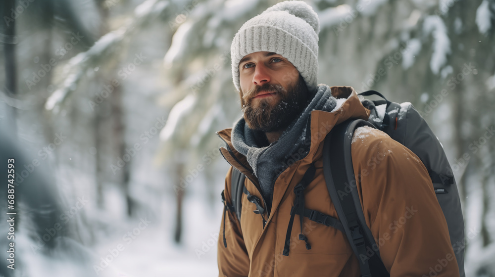 A man with a backpack walks in the winter forest. Snow-covered forest, beautiful Christmas trees. Beautiful winter landscape, cold nature. Stunning scenic view. Outdoor adventure. Generated AI A man with a backpack walks in the winter forest. Snow-covered forest, beautiful Christmas trees. Beautiful winter landscape, cold nature. Stunning scenic view. Outdoor adventure. Generated AI