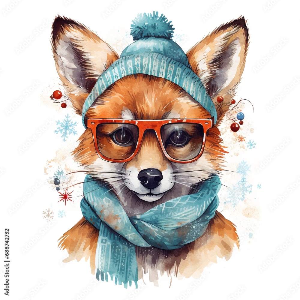 Generative AI, cute wild fox animal, Christmas hat and ugly sweaters, watercolor style.