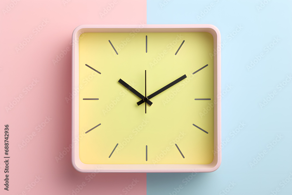 Square wall clock with yellow face on blue and pink split background Square wall clock with yellow face on blue and pink split background