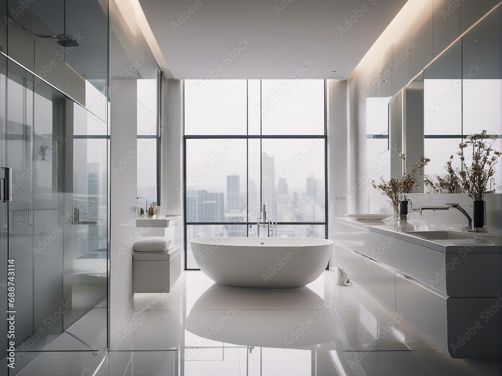 hotel bathroom, white glossy color, interior design

