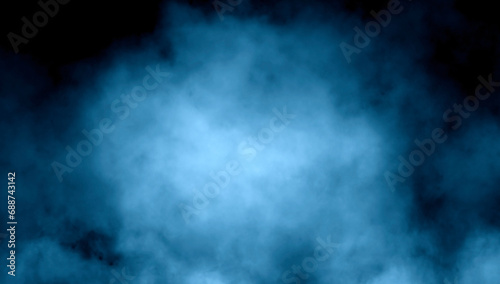 Abstract blue smoke misty fog on isolated black background. Texture overlays. Paranormal mystic smoke, clouds for movie scenes.