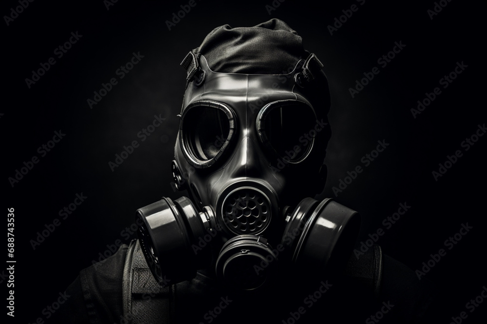 a gas mask in a black background - obrazy, fototapety, plakaty 