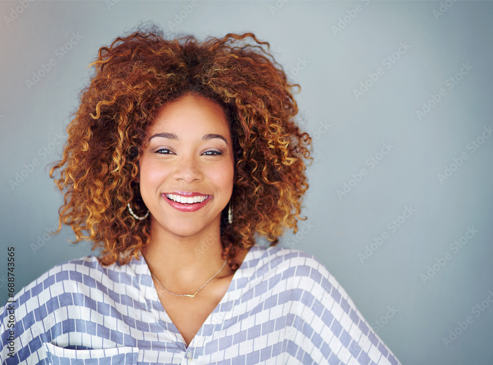 Portrait, smile and creative business woman isolated on a gray background mockup space. Face, happy professional designer or entrepreneur, young employee and person working at startup in South Africa Portrait, smile and creative business woman isolated on a gray background mockup space. Face, happy professional designer or entrepreneur, young employee and person working at startup in South Africa