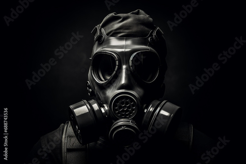 a gas mask in a black background photo