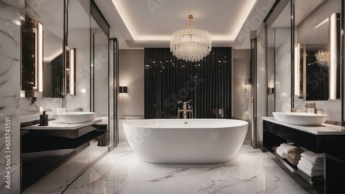 hotel bathroom, white glossy color, interior design