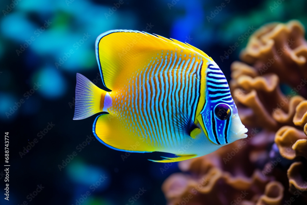 Naklejka premium blue and yellow butterfly fish underwater background