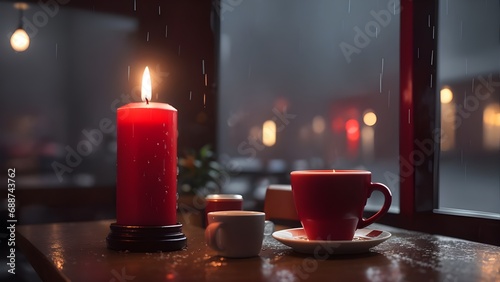 A glowing candle along with a coffee inside a coffee shop with a beautiful view and rainy weather outside through the window
