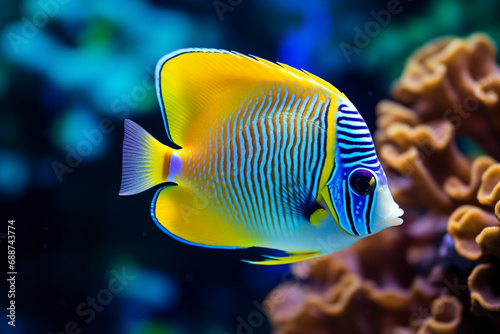 blue and yellow butterfly fish underwater background