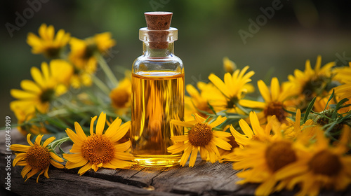 bottle, jars of arnica essential oil extract photo